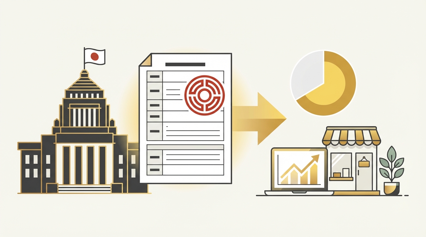 中小企業向けIT補助金ガイドのイメージ:国会議事堂から申請書を経て小規模事業者へ