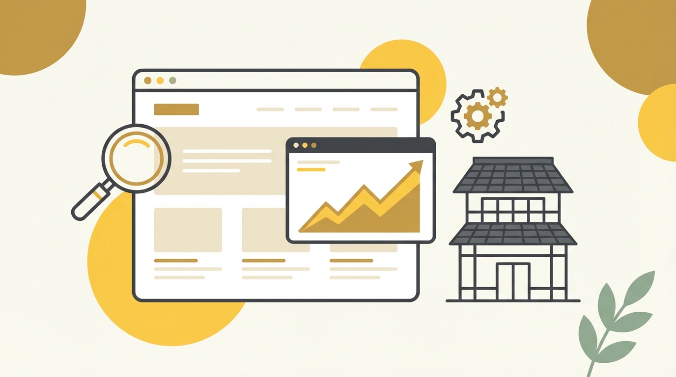 ホームページ運用ガイドのイメージ:ブラウザ画面にアクセス解析グラフとSEO虫眼鏡