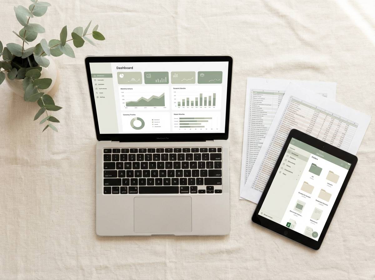 Organized desk workspace with laptop showing clean dashboard and botanical accents