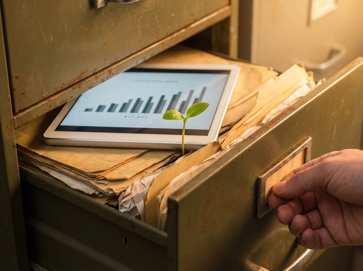 Old documents transforming into organized modern files through botanical vines