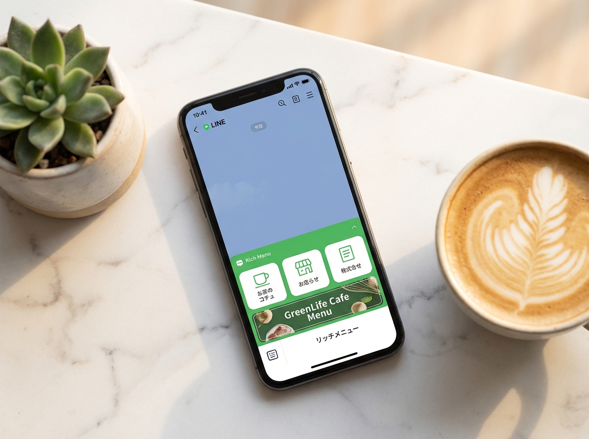 Smartphone with LINE rich menu interface surrounded by botanical elements