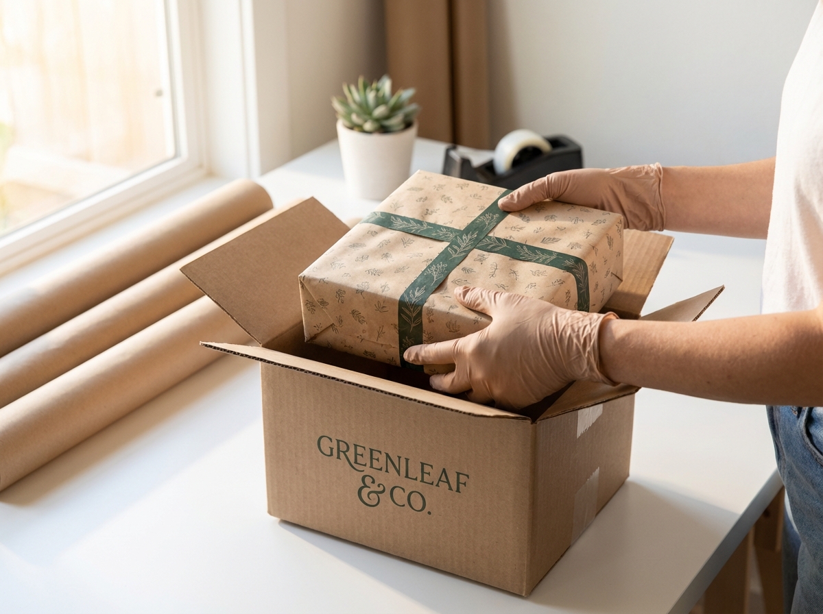 Stylized storefront with shopping bags and botanical leaf elements