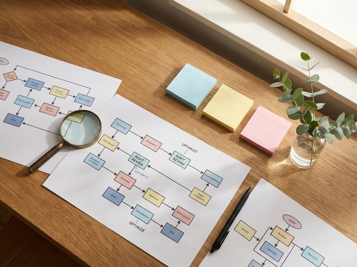 Magnifying glass over flowchart with botanical seed-to-sprout growth metaphor